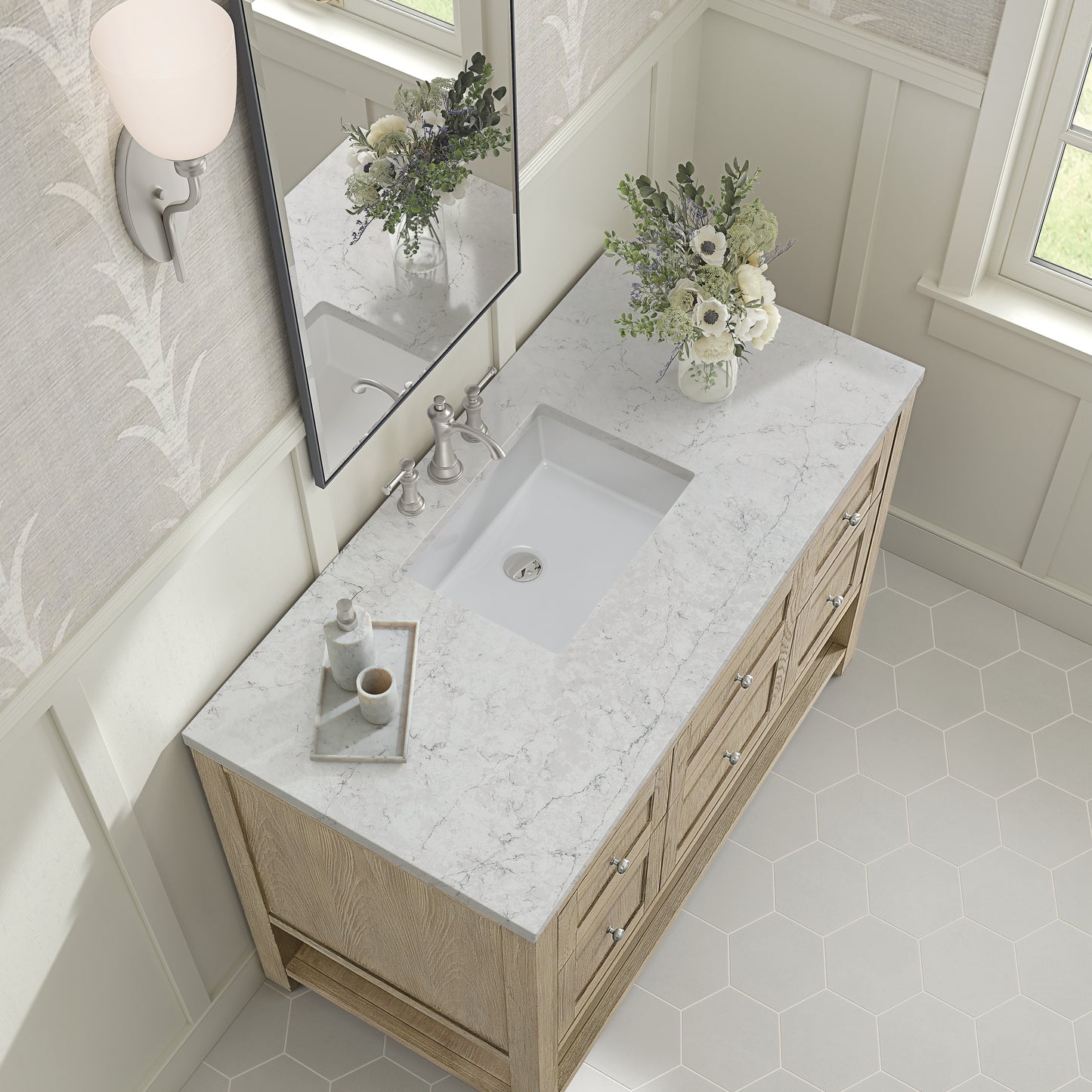 Renovate for Less Atlanta Breckenridge 48" Single Vanity, Whitewashed Oak w/ 3 CM Eternal Jasmine Pearl Silestone Top