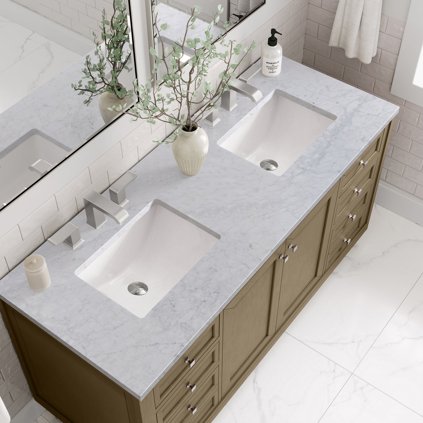 Renovate for Less Atlanta Chicago 60" Double Vanity, Walnut Whisper, w/ 3 CM Carrara Marble Top