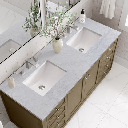 Renovate for Less Atlanta Chicago 60" Double Vanity, Walnut Whisper, w/ 3 CM Carrara Marble Top