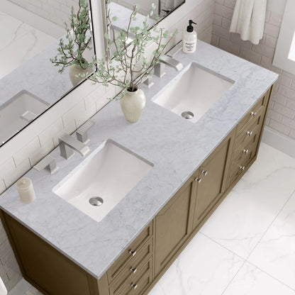 Chicago 60" Double Vanity, Walnut Whisper, w/ 3 CM Carrara Marble Top