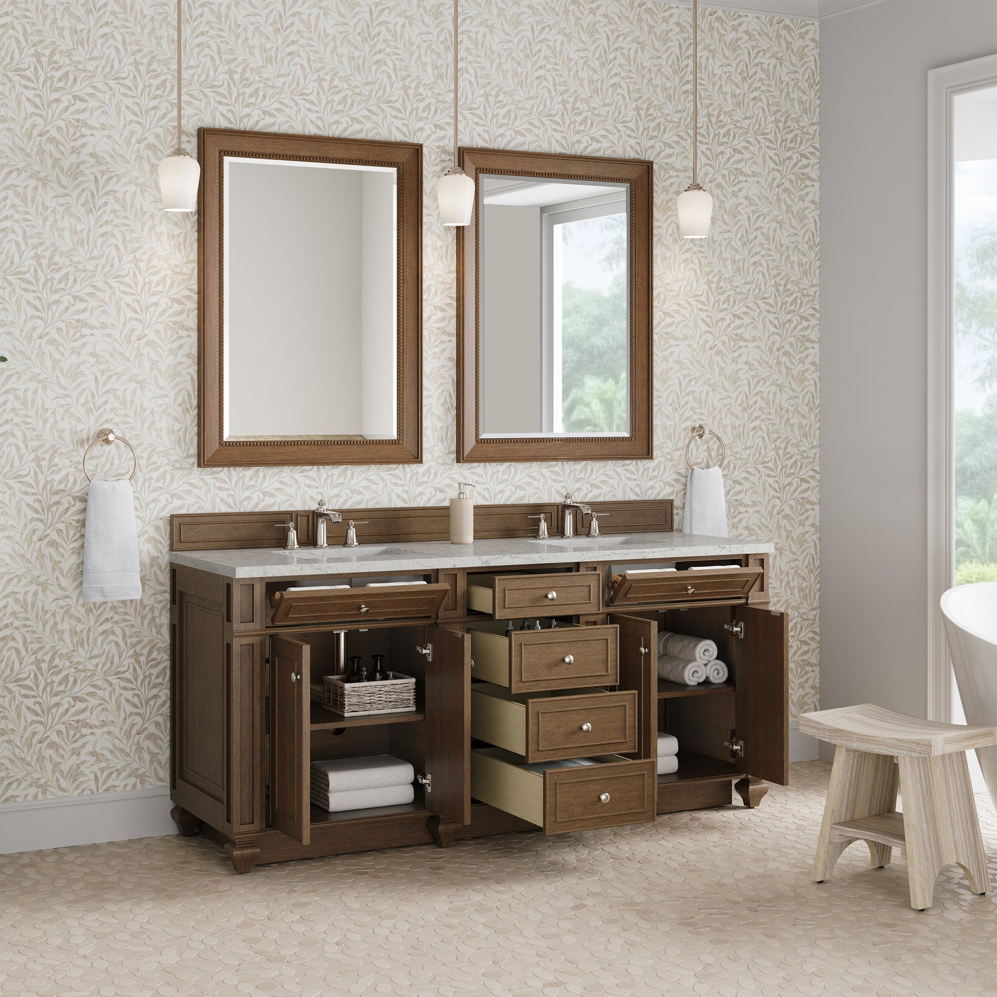 Renovate for Less Atlanta Bristol 72" Double Vanity, Saddle Brown w/ 3 CM Eternal Jasmine Pearl Silestone Top