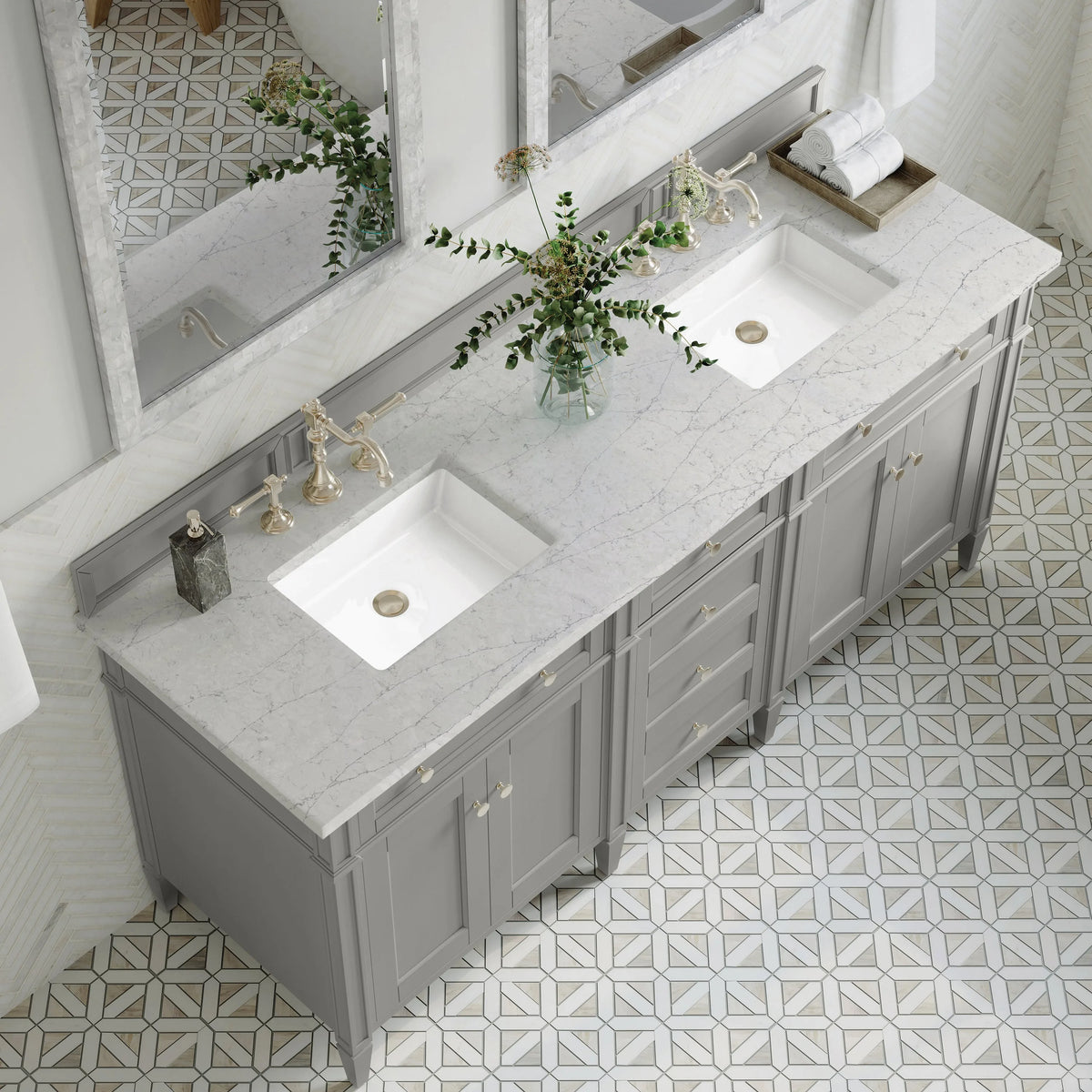 Brittany 72" Double Vanity, Urban Gray w/ 3 CM Eternal Jasmine Pearl Silestone Top