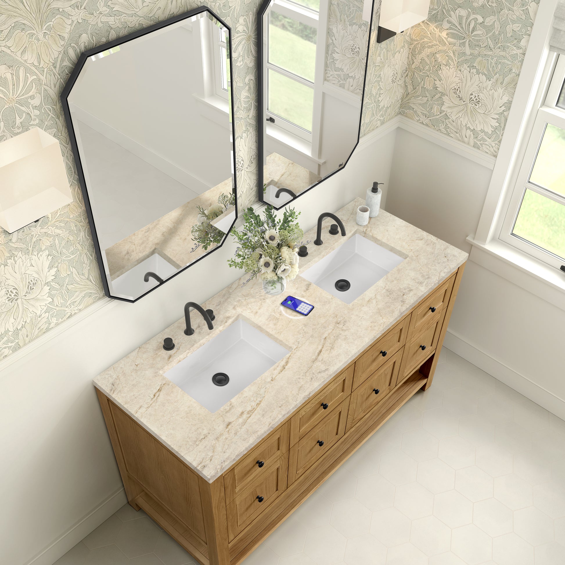Renovate for Less Atlanta Breckenridge 60" Double Vanity, Light Natural Oak, w/ 3 CM Tajnar Eclos Top w/FreePower Wireless Charger