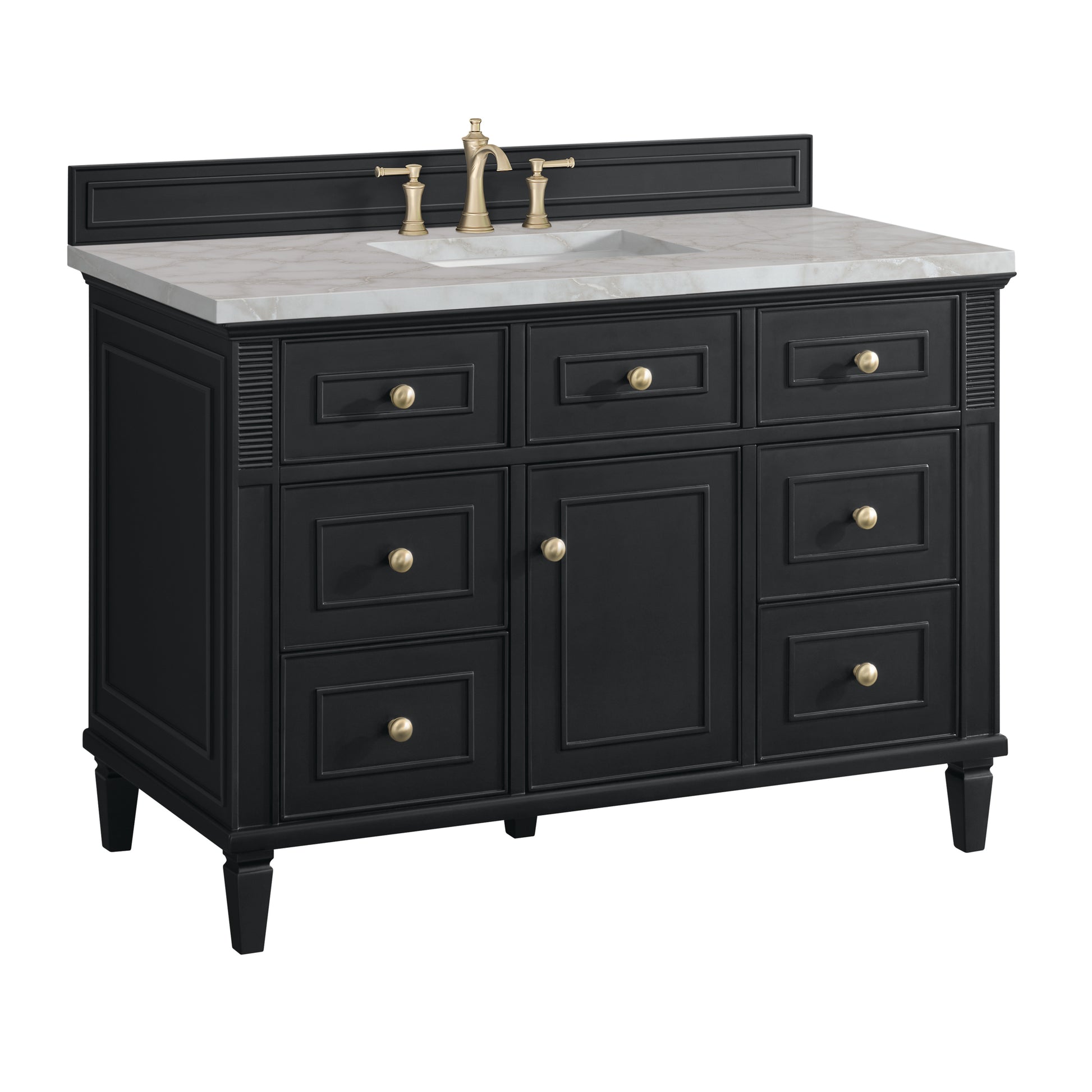 Renovate for Less Atlanta Lorelai 48" Single Vanity, Black Onyx w/ 3 CM Victorian Silver Silestone Top w/FreePower Wireless Charger