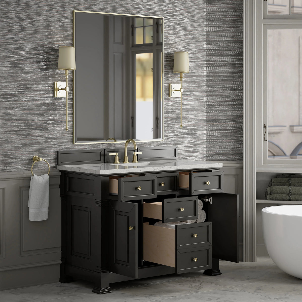 Brookfield 48" Single Vanity, Black Onyx w/ 3 CM Eternal Jasmine Pearl Silestone Top w/ FreePower Wireless Charger
