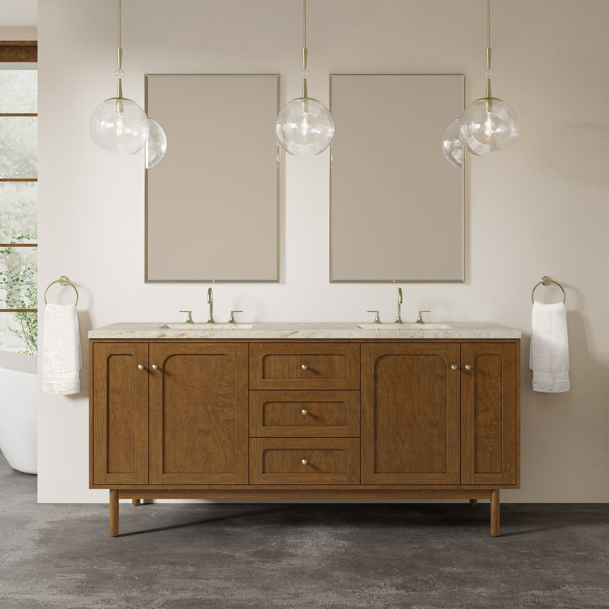 Renovate for Less Atlanta Laurent 72" Double Vanity, Honey Oak w/ 3 CM Tajnar Eclos Top