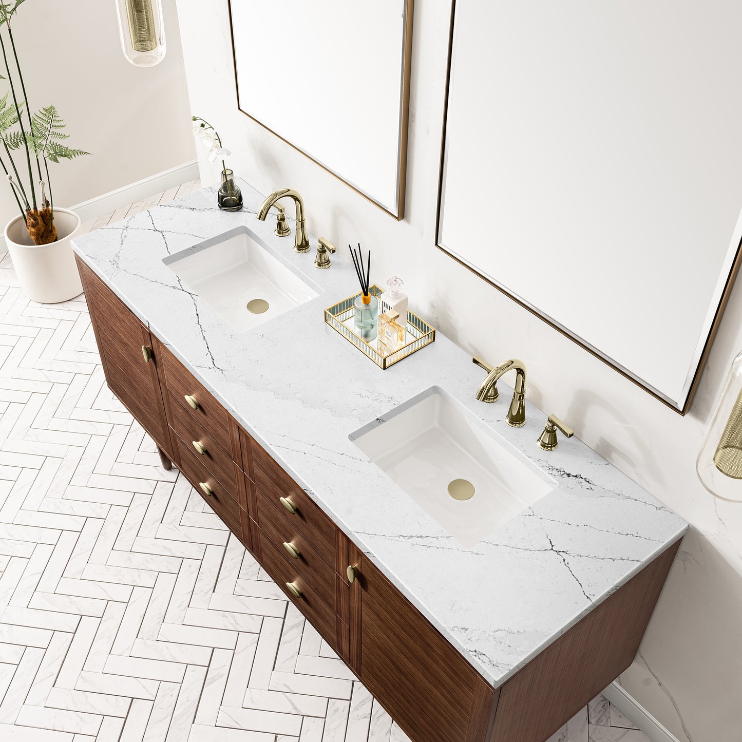 Renovate for Less Atlanta Amberly 72" Double Vanity, Mid-Century Walnut w/ 3 CM Ethereal Noctis Top