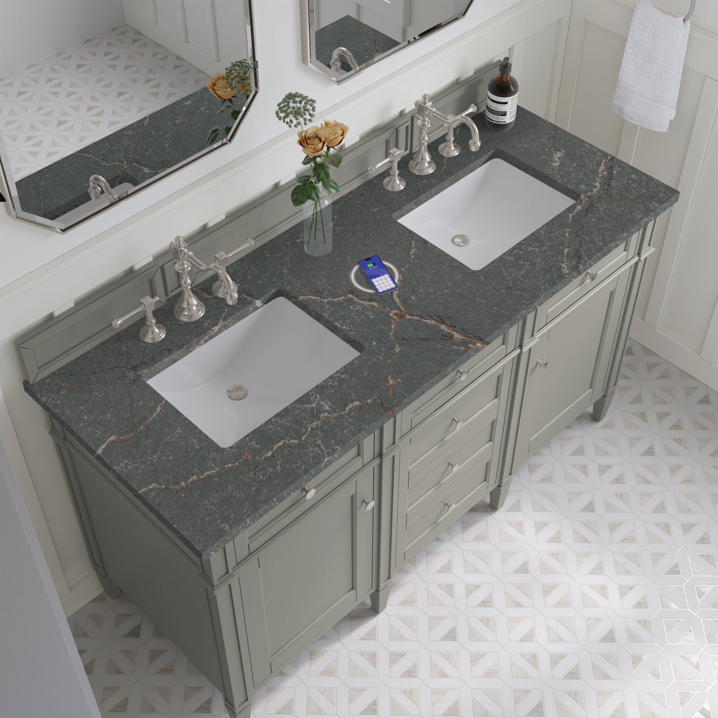 Renovate for Less Atlanta Brittany 60" Double Vanity, Urban Gray w/ 3 CM Parisien Bleu Silestone Top w/FreePower Wireless Charger