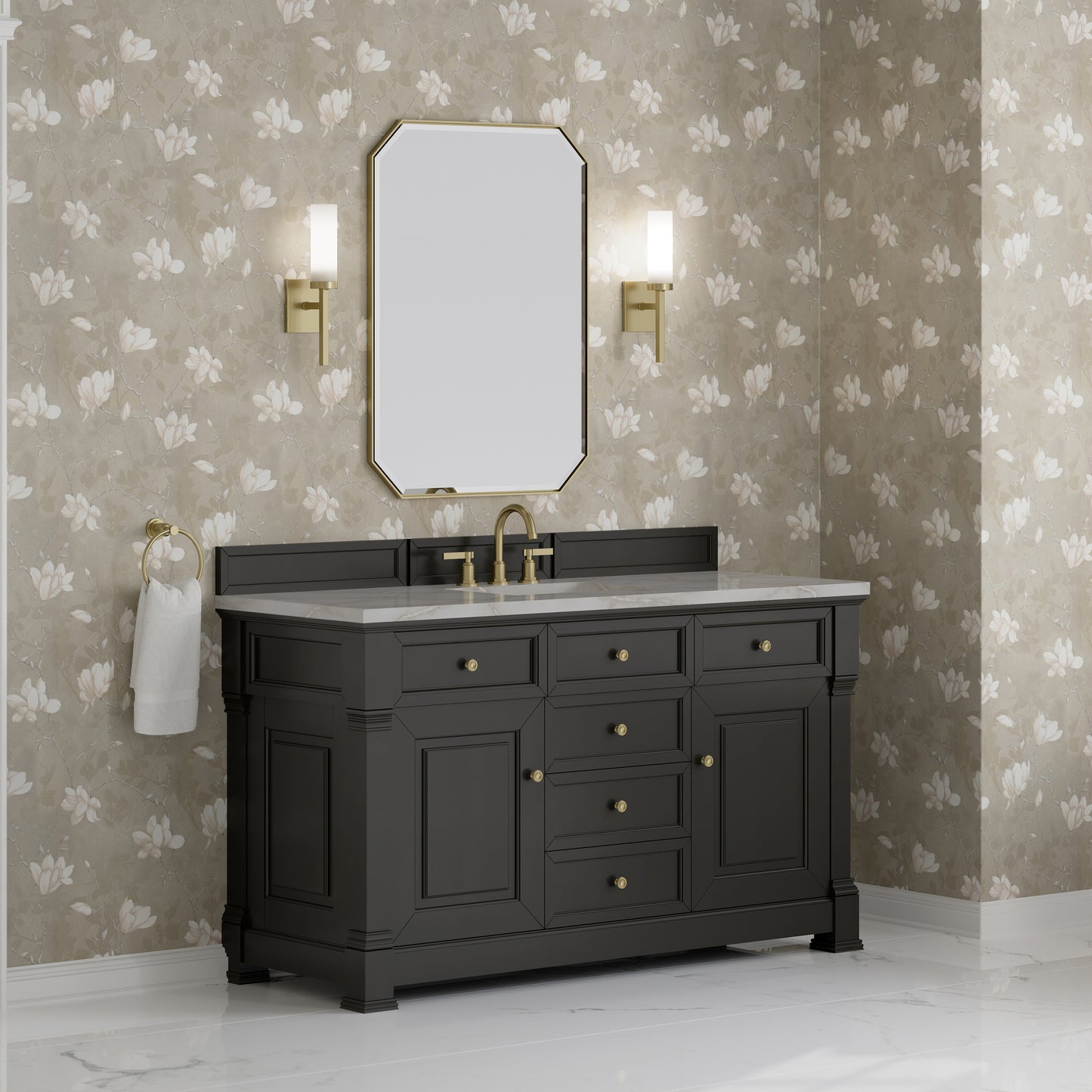 Renovate for Less Atlanta Brookfield 60" Single Vanity, Black Onyx w/ 3 CM Victorian Silver Silestone Top w/ FreePower Wireless Charger