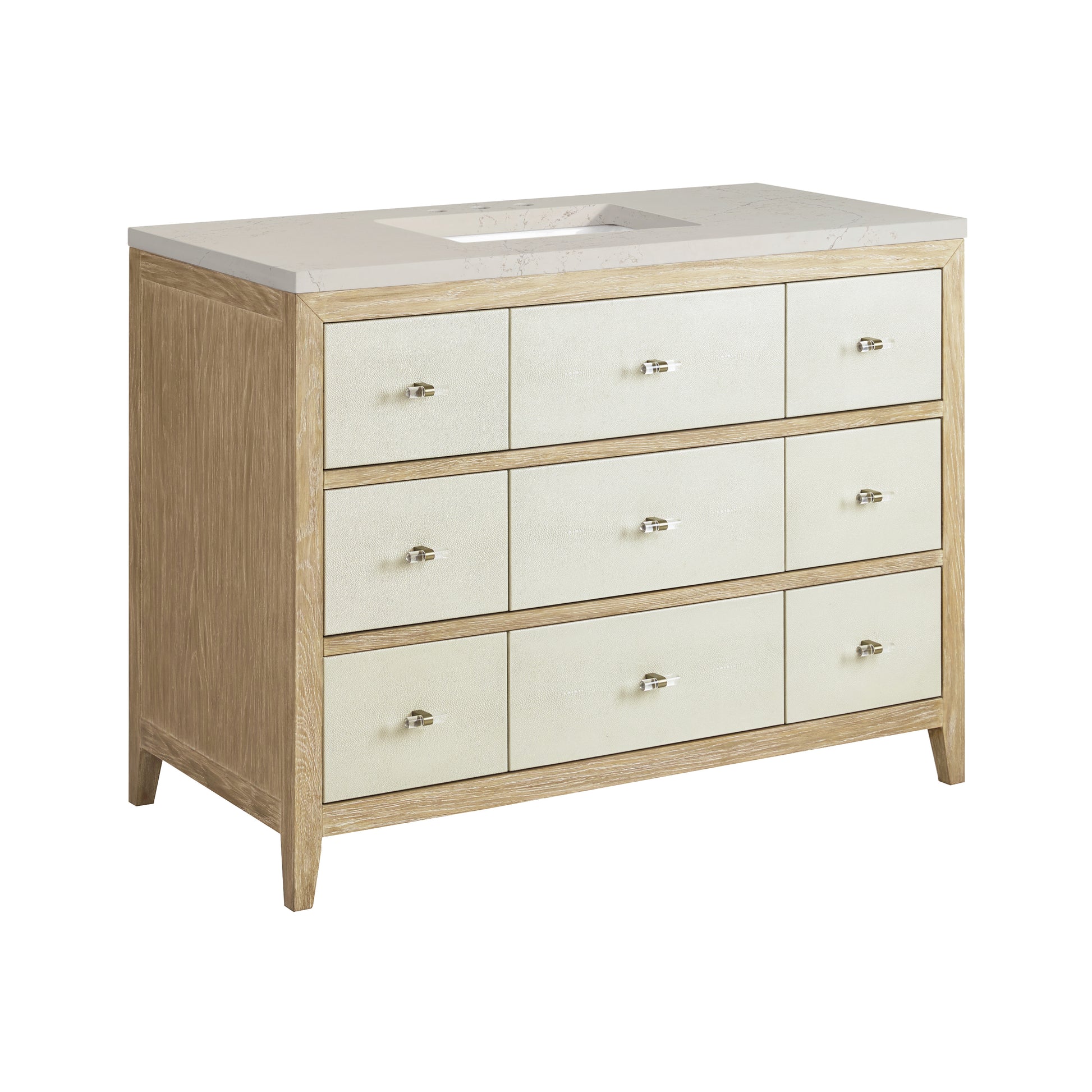 Renovate for Less Atlanta Celeste 48" Single Vanity, Sunwashed Oak with Embossed Shagreen, w/ 3 CM Siberian Silestone Top w/FreePower Wireless Charger