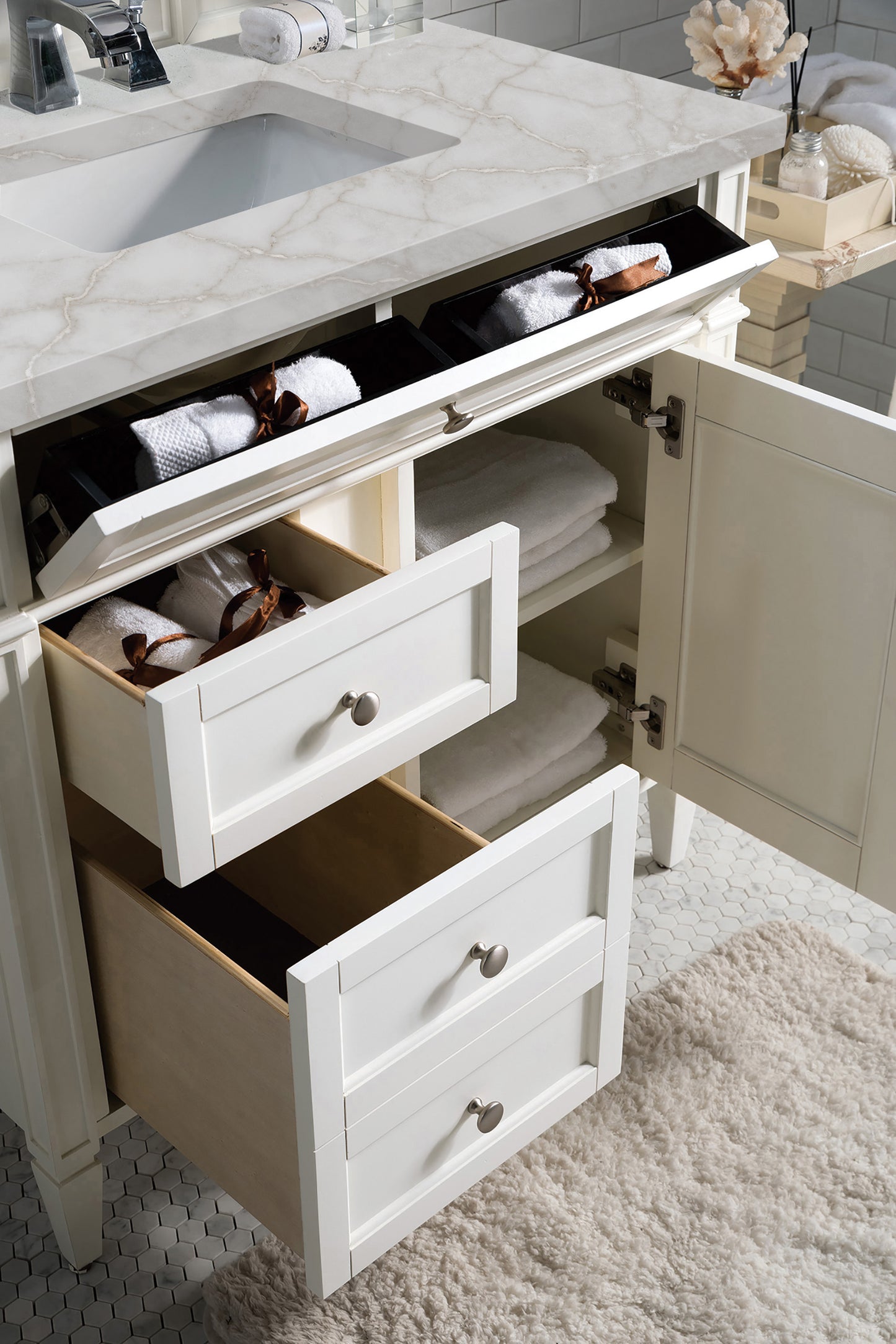 Renovate for Less Atlanta Brittany 36" Single Vanity, Bright White w/ 3 CM Victorian Silver Silestone Top