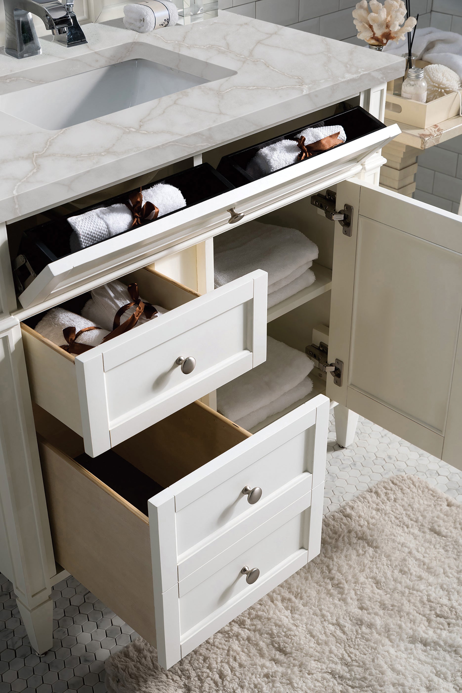 Renovate for Less Atlanta Brittany 36" Single Vanity, Bright White w/ 3 CM Victorian Silver Silestone Top