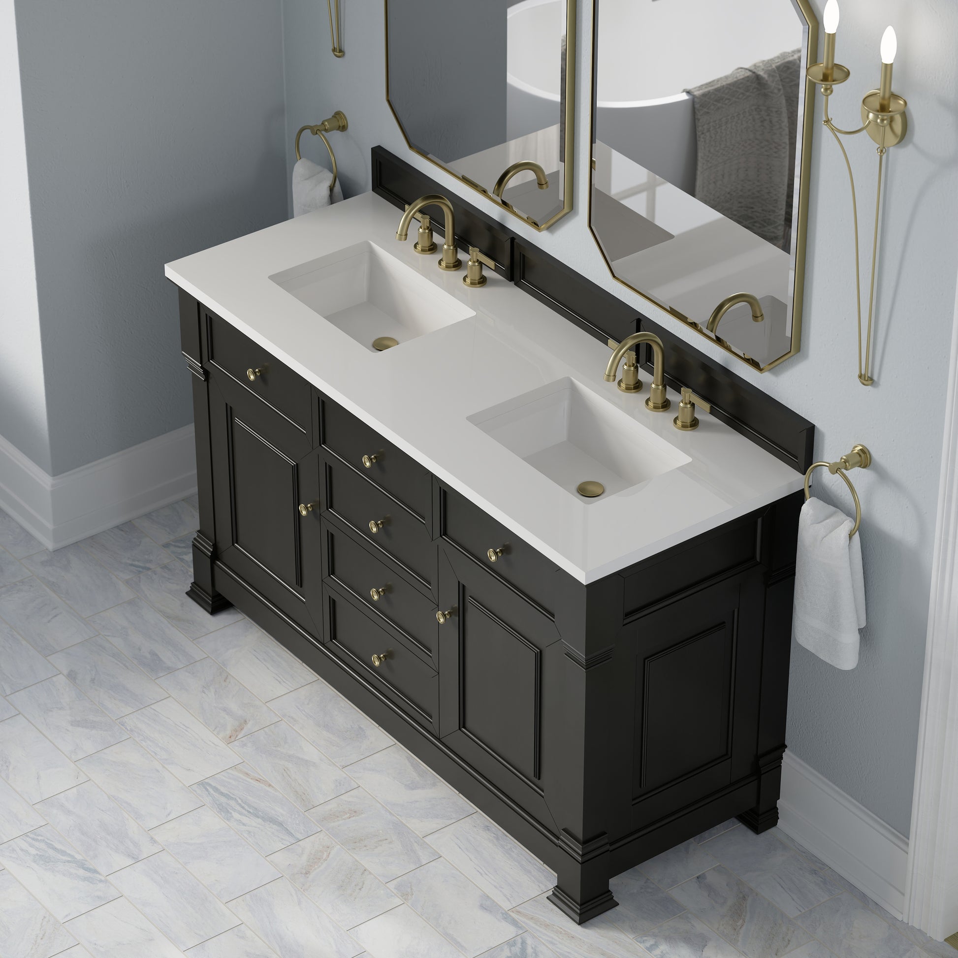 Renovate for Less Atlanta Brookfield 60" Double Vanity, Black Onyx,  w/ 3 CM White Zeus Silestone Top