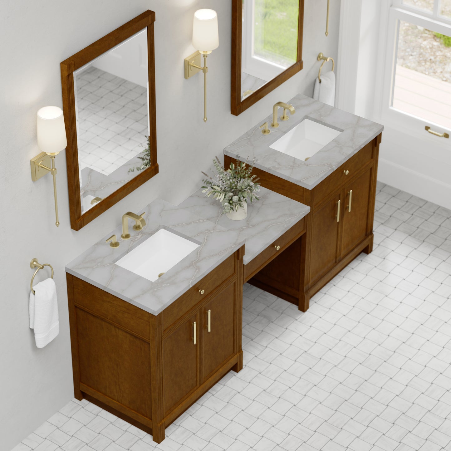 Renovate for Less Atlanta Bellshire 84" Dual Vanity Set with 24" Make-Up Counter, Honey Oak w/3 cm Victorian Silver Silestone Top