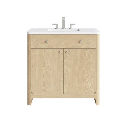 Renovate for Less Atlanta Gracyn 36" Single Vanity, Coastal Driftwood, w/ 3 CM White Zeus Quartz Widespread Top