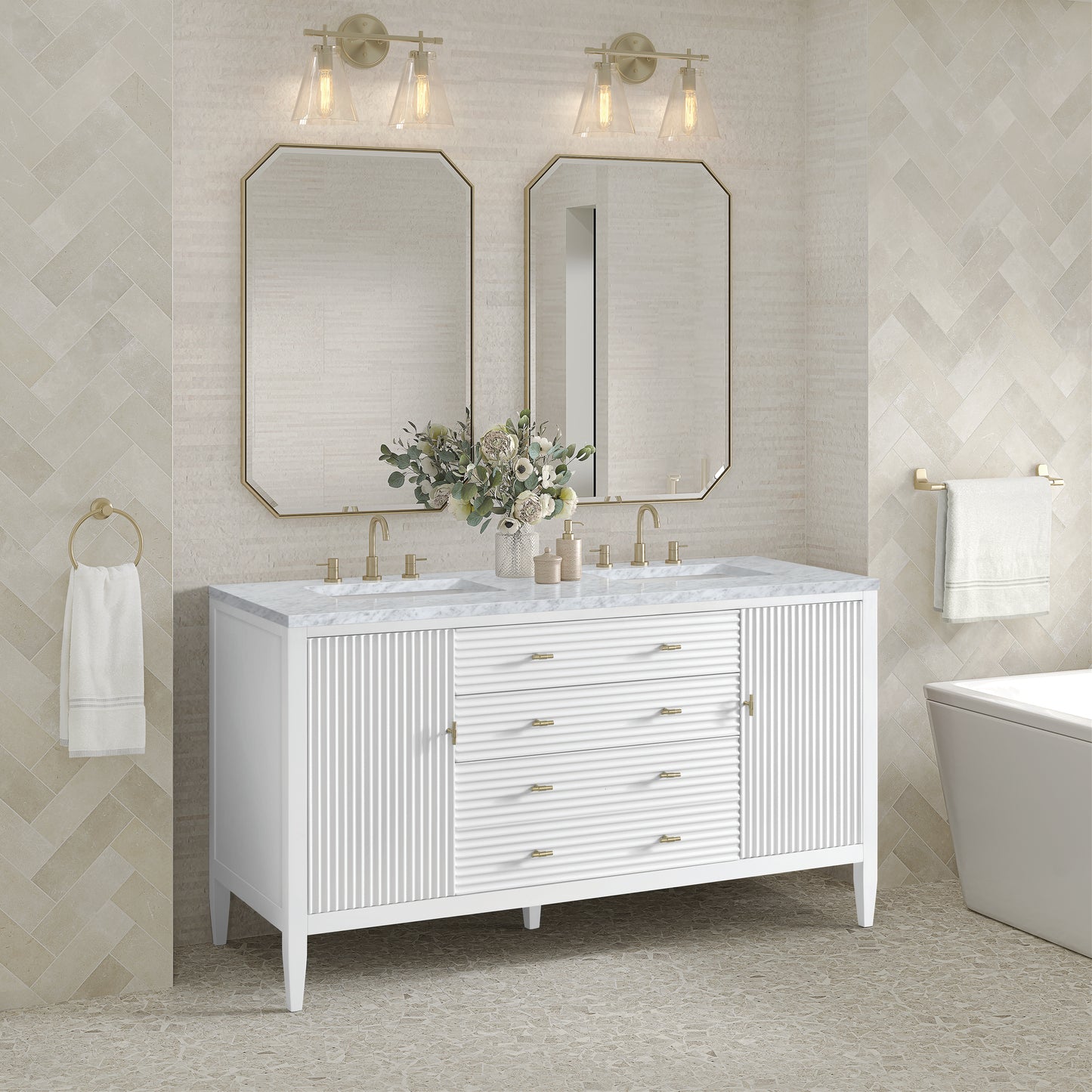 Renovate for Less Atlanta Myrrin 60" Double Vanity, Bright White w/ 3 CM Carrara White Marble Top