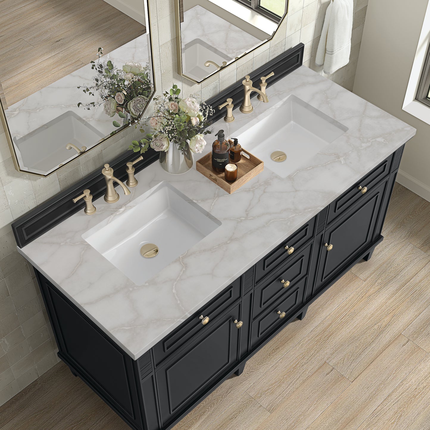 Renovate for Less Atlanta Lorelai 60" Double Vanity, Black Onyx w/ 3 CM Victorian Silver Silestone Top