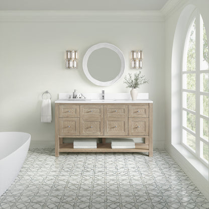 Renovate for Less Atlanta Breckenridge 60" Single Vanity, Whitewashed Oak, w/ Single Hole 3 CM White Zeus Quartz Top & Backsplash