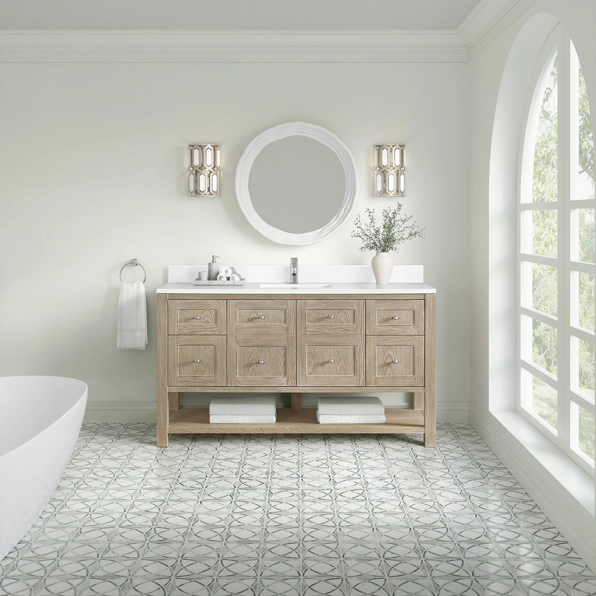 Breckenridge 60" Single Vanity, Whitewashed Oak, w/ Single Hole 3 CM White Zeus Quartz Top & Backsplash
