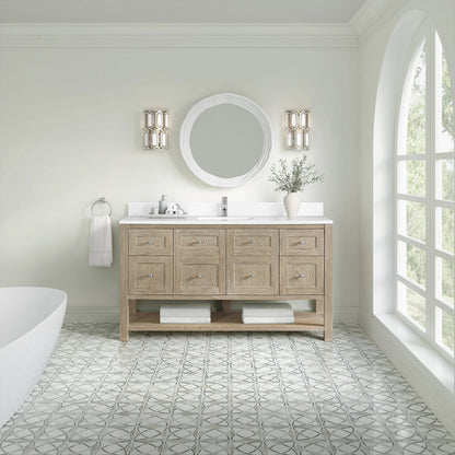 Breckenridge 60" Single Vanity, Whitewashed Oak, w/ Single Hole 3 CM White Zeus Quartz Top & Backsplash