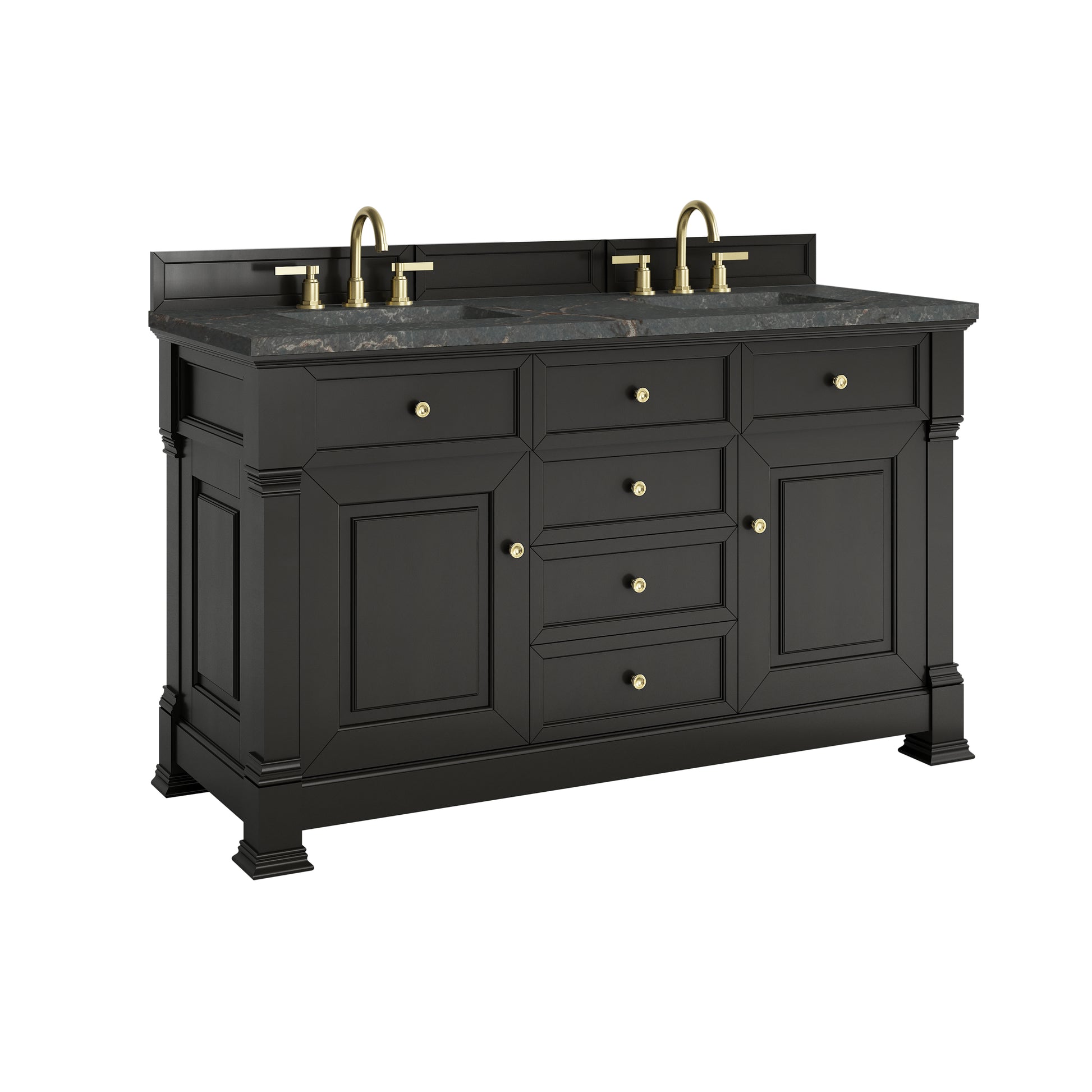 Renovate for Less Atlanta Brookfield 60" Double Vanity, Black Onyx w/ 3 CM Parisien Bleu Silestone Top w/FreePower Wireless Charger