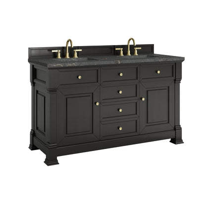 Renovate for Less Atlanta Brookfield 60" Double Vanity, Black Onyx w/ 3 CM Parisien Bleu Silestone Top w/FreePower Wireless Charger