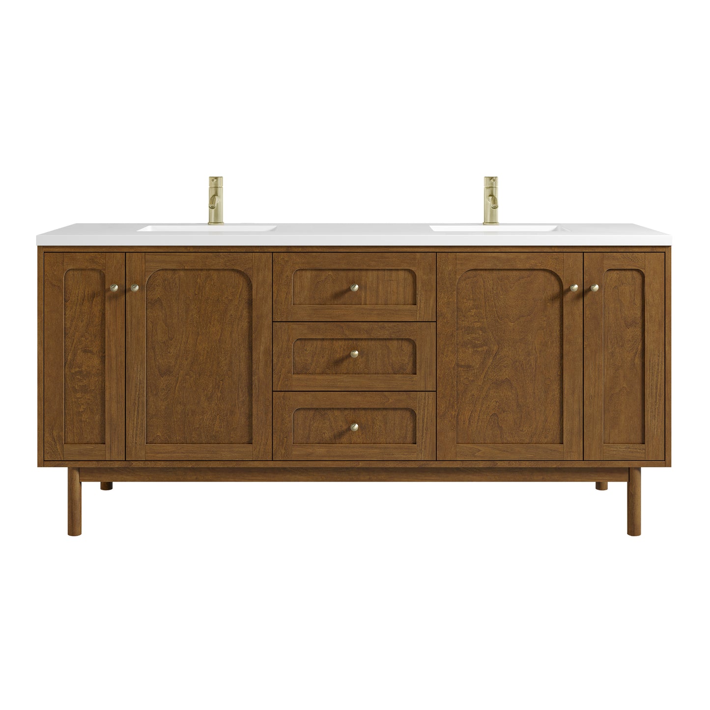 Renovate for Less Atlanta Laurent 72" Double Vanity, Honey Oak w/ Single Hole 3 CM White Zeus Silestone Top and Matching Backsplash