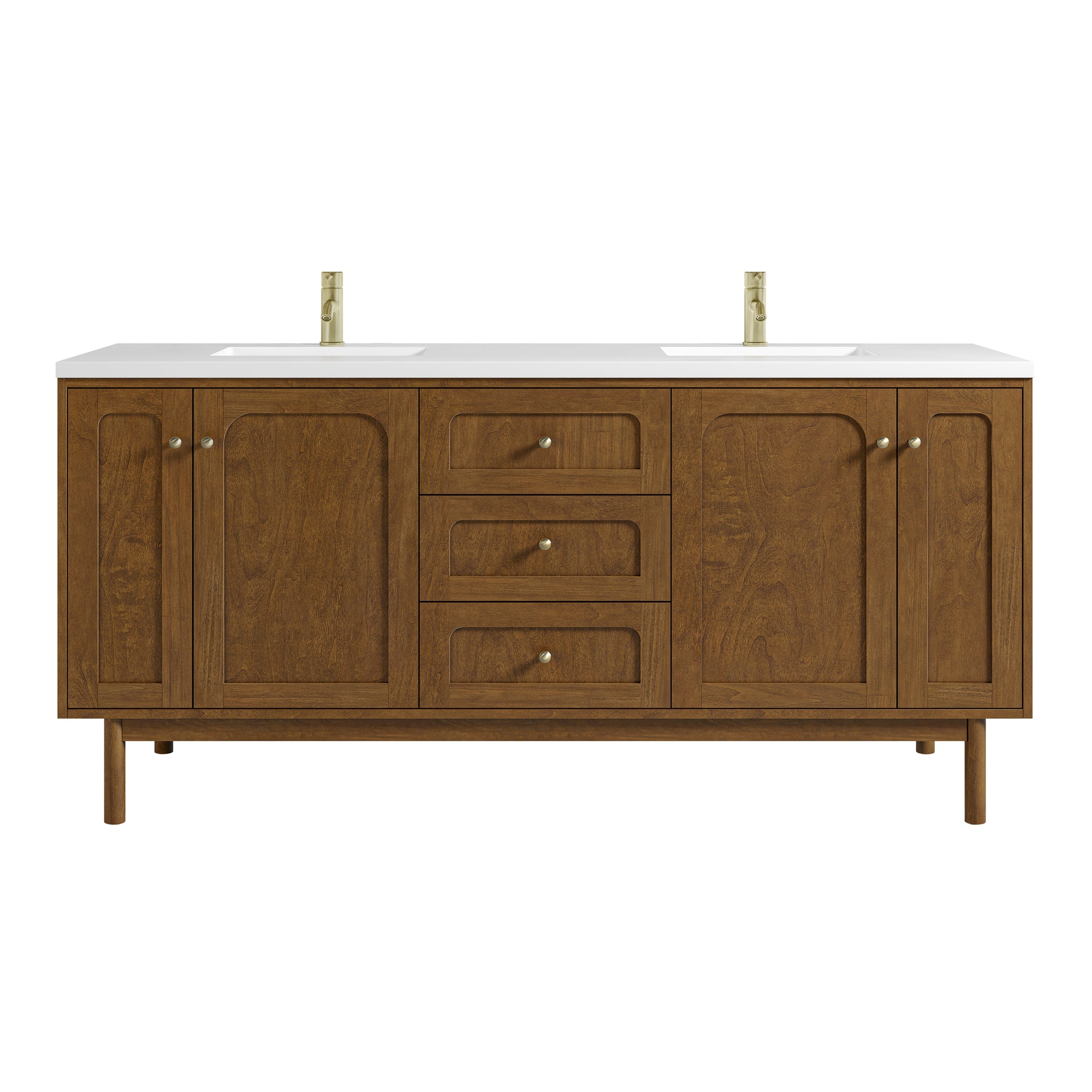 Renovate for Less Atlanta Laurent 72" Double Vanity, Honey Oak w/ Single Hole 3 CM White Zeus Silestone Top and Matching Backsplash