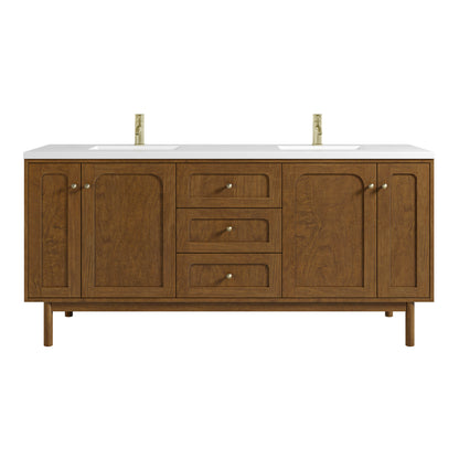 Renovate for Less Atlanta Laurent 72" Double Vanity, Honey Oak w/ Single Hole 3 CM White Zeus Silestone Top and Matching Backsplash