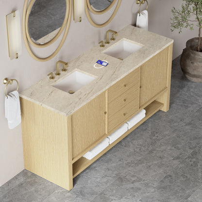 Renovate for Less Atlanta Marigot 72" Double Vanity, Sunwashed Oak, w/ 3 CM Tajnar Eclos Top w/FreePower Wireless Charger