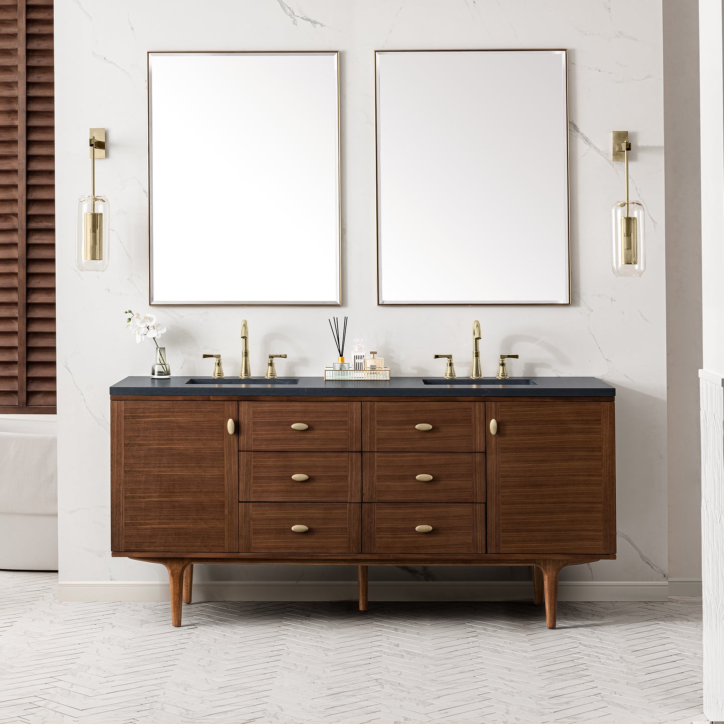 Renovate for Less Atlanta Amberly 72" Double Vanity, Mid-Century Walnut w/ 3 CM Charcoal Soapstone Top