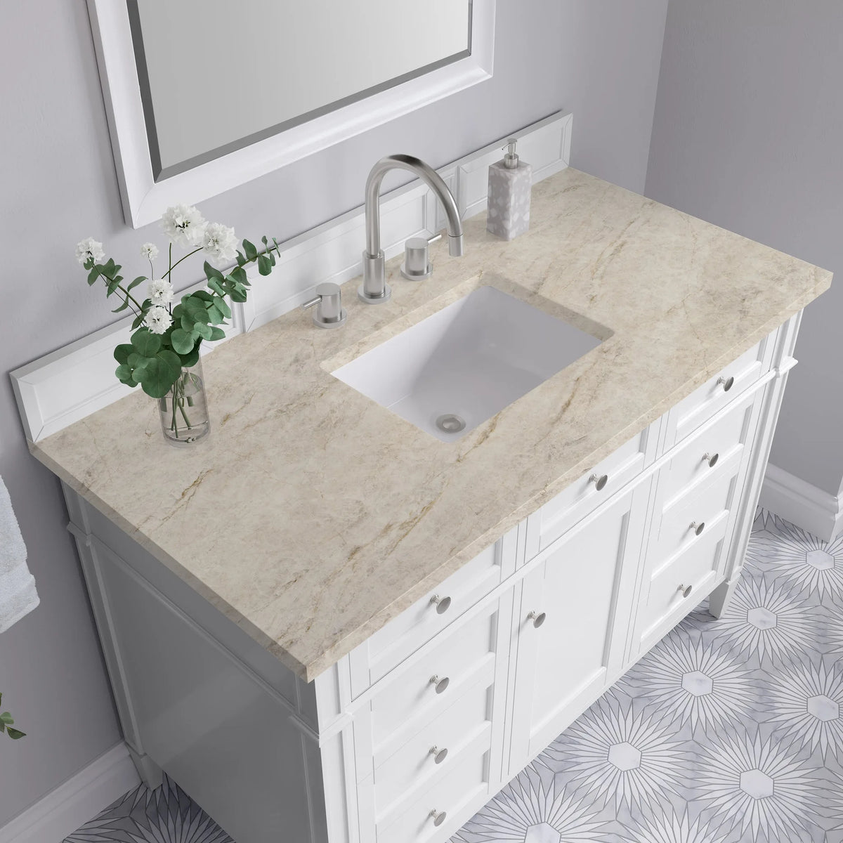 Brittany 48" Single Vanity in Bright White, w/ 3 CM Tajnar Eclos Top