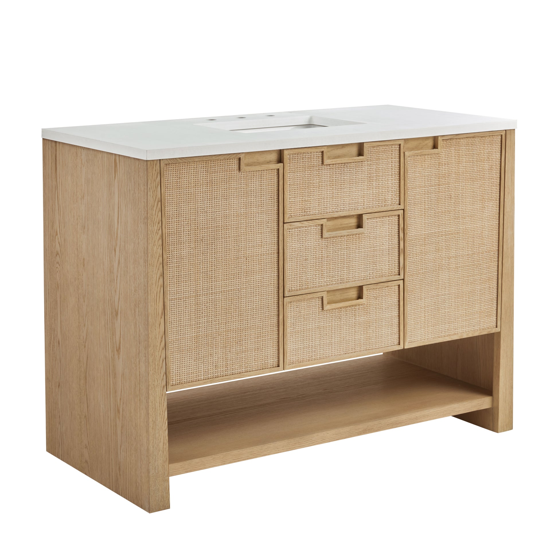 Renovate for Less Atlanta Solene 48" Single Vanity, Seaside Oak, w/ 3 CM White Zeus Quartz Top