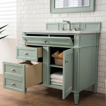Renovate for Less Atlanta Brittany 36" Single Vanity, Sage Green w/ 3 CM Victorian Silver Silestone Top
