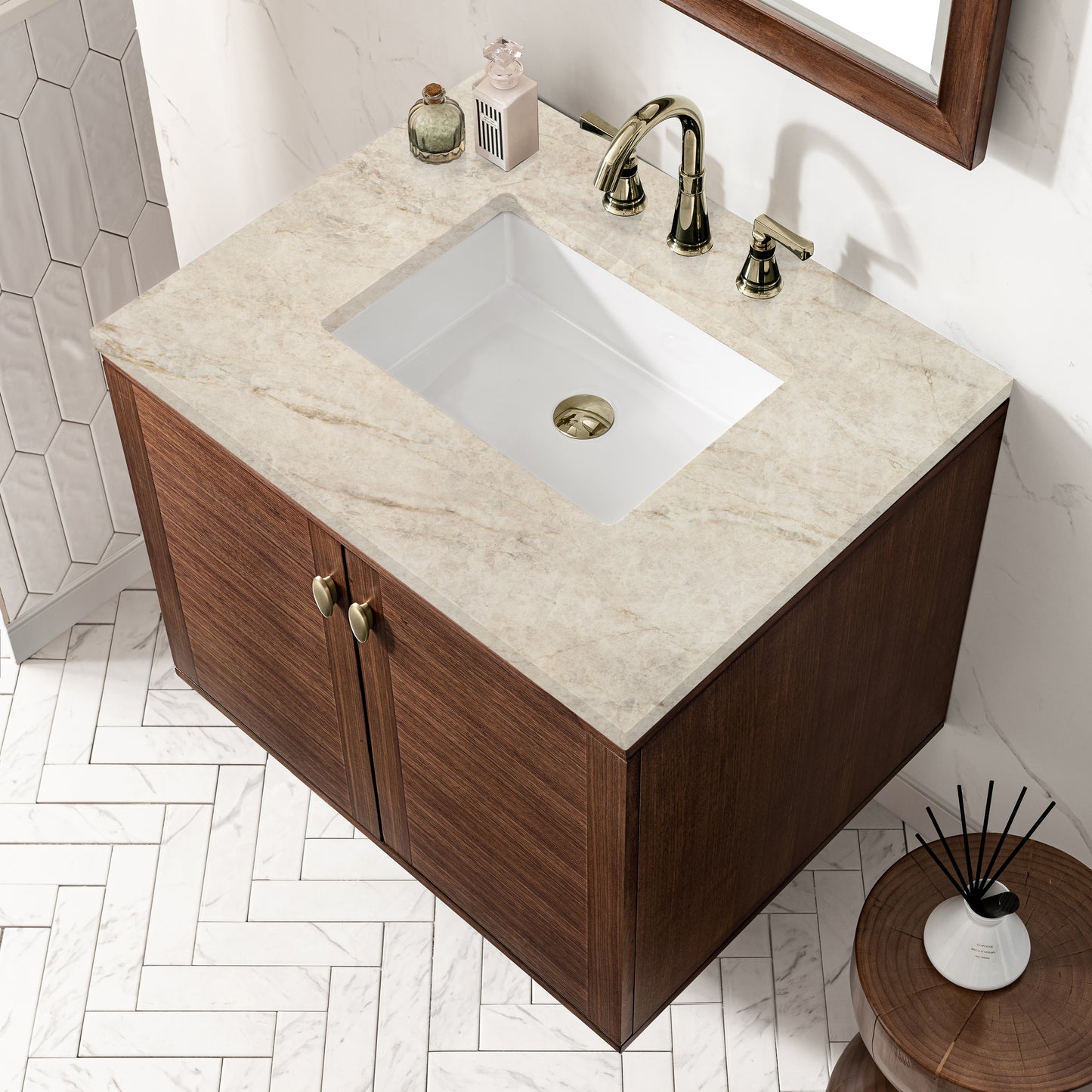 Renovate for Less Atlanta Amberly 30" Single Vanity, Mid-Century Walnut, w/ 3 CM Tajnar Eclos Top