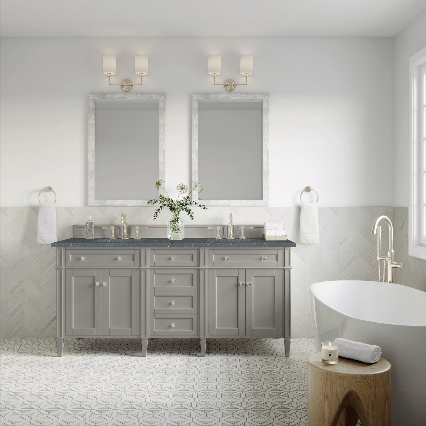 Renovate for Less Atlanta Brittany 72" Double Vanity, Urban Gray w/ 3 CM Parisien Bleu Silestone Top w/FreePower Wireless Charger