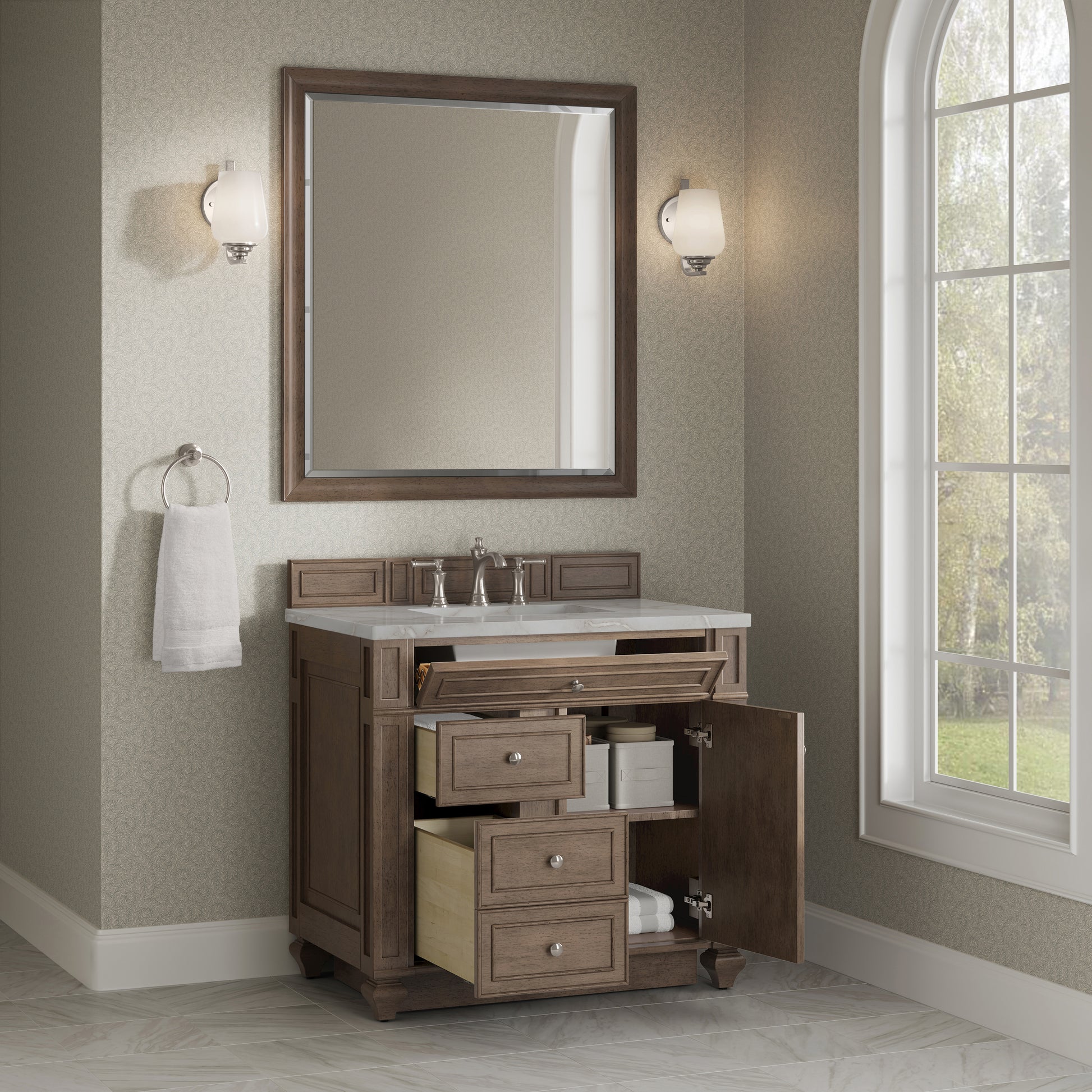 Renovate for Less Atlanta Bristol 36" Single Vanity, Whitewashed Walnut w/ 3 CM Victorian Silver Silestone Top