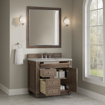 Renovate for Less Atlanta Bristol 36" Single Vanity, Whitewashed Walnut w/ 3 CM Victorian Silver Silestone Top