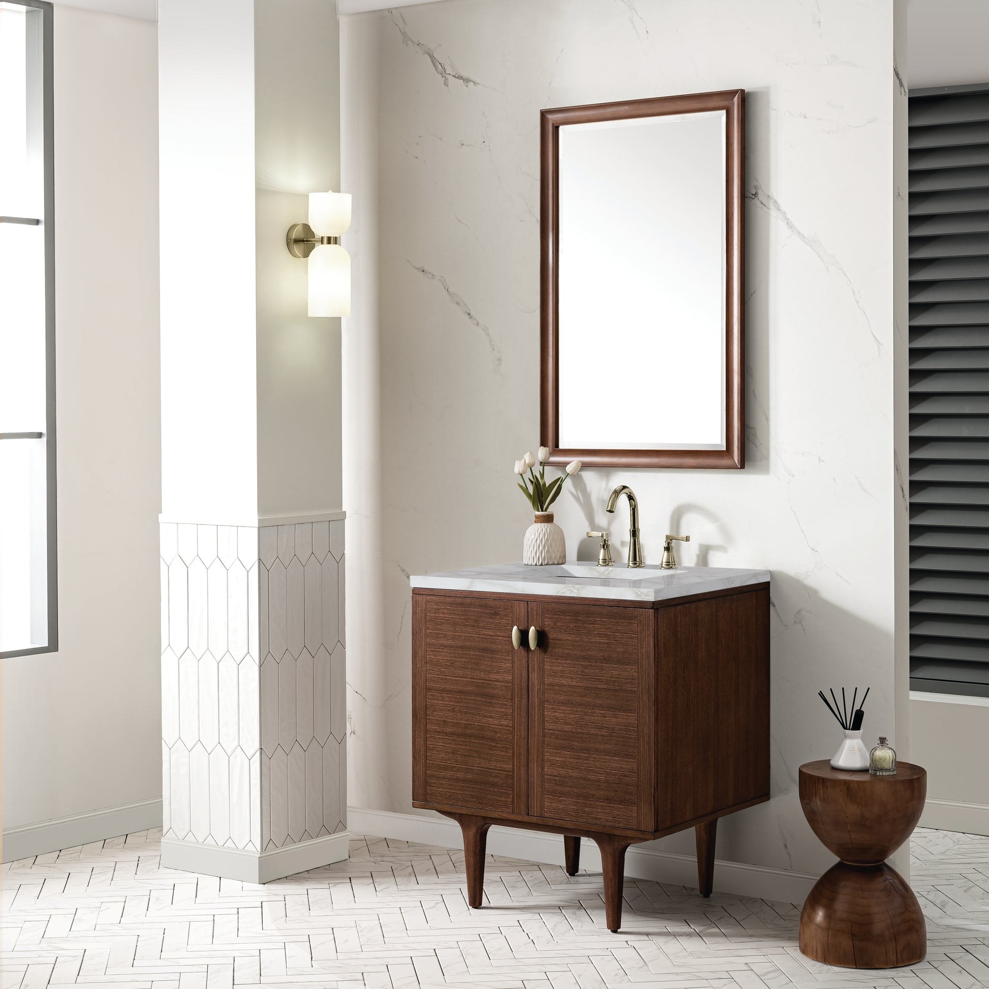 Renovate for Less Atlanta Amberly 30" Single Vanity, Mid-Century Walnut w/ 3 CM Victorian Silver Top