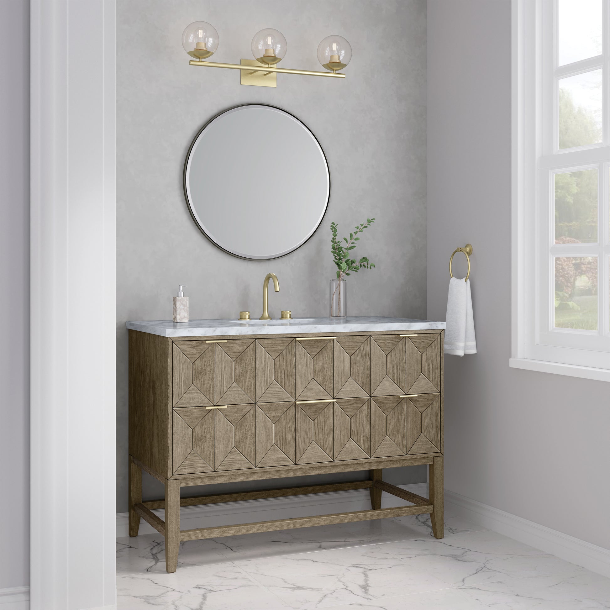 Renovate for Less Atlanta Emmeline 48" Single Vanity, Pebble Oak w/ 3 CM Carrara White Marble Top