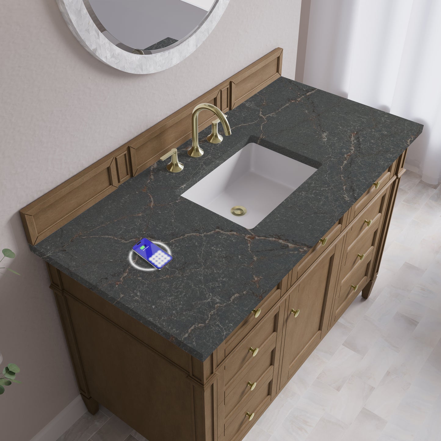 Renovate for Less Atlanta Brittany 48" Single Vanity, Pecan w/ 3 CM Parisien Bleu Silestone Top w/FreePower Wireless Charger