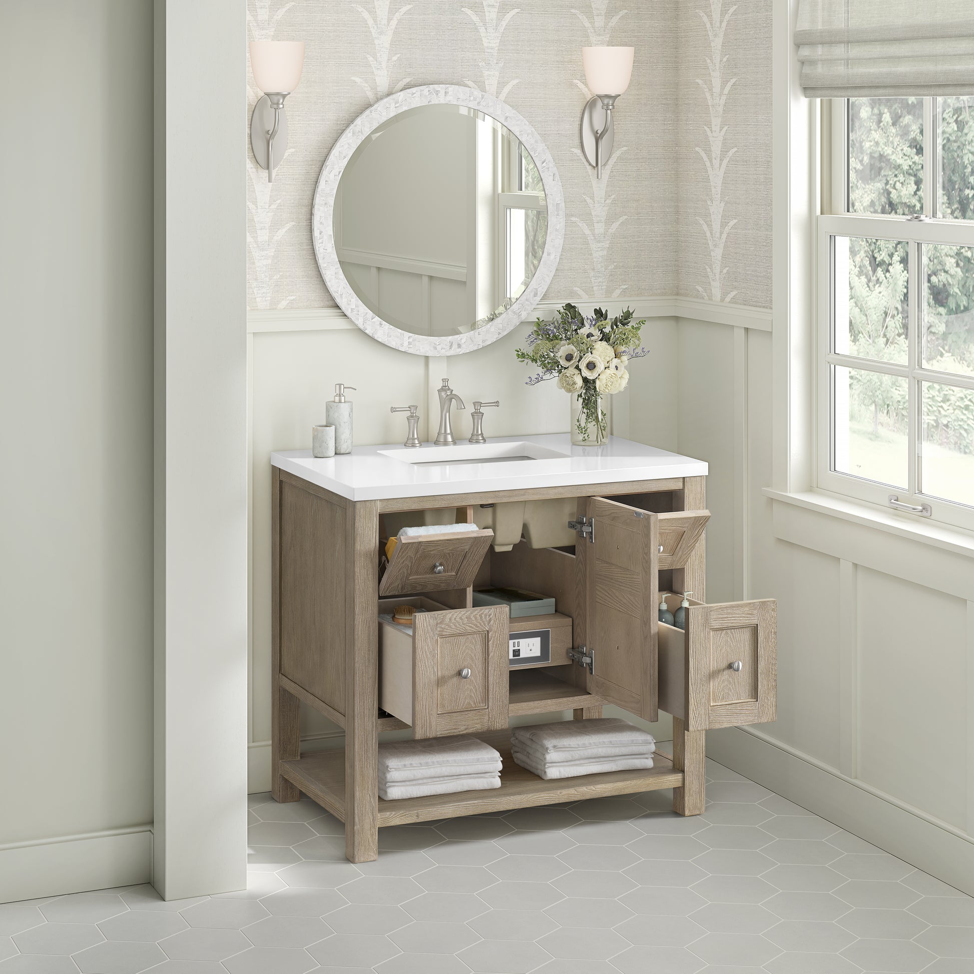 Renovate for Less Atlanta Breckenridge 36" Single Vanity, Whitewashed Oak w/ 3 CM White Zeus Silestone Top
