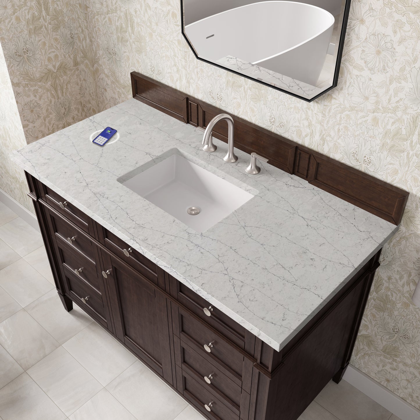 Renovate for Less Atlanta Brittany 48" Single Vanity, Burnished Mahogany w/ 3 CM Eternal Jasmine Pearl Silestone Top w/FreePower Wireless Charger