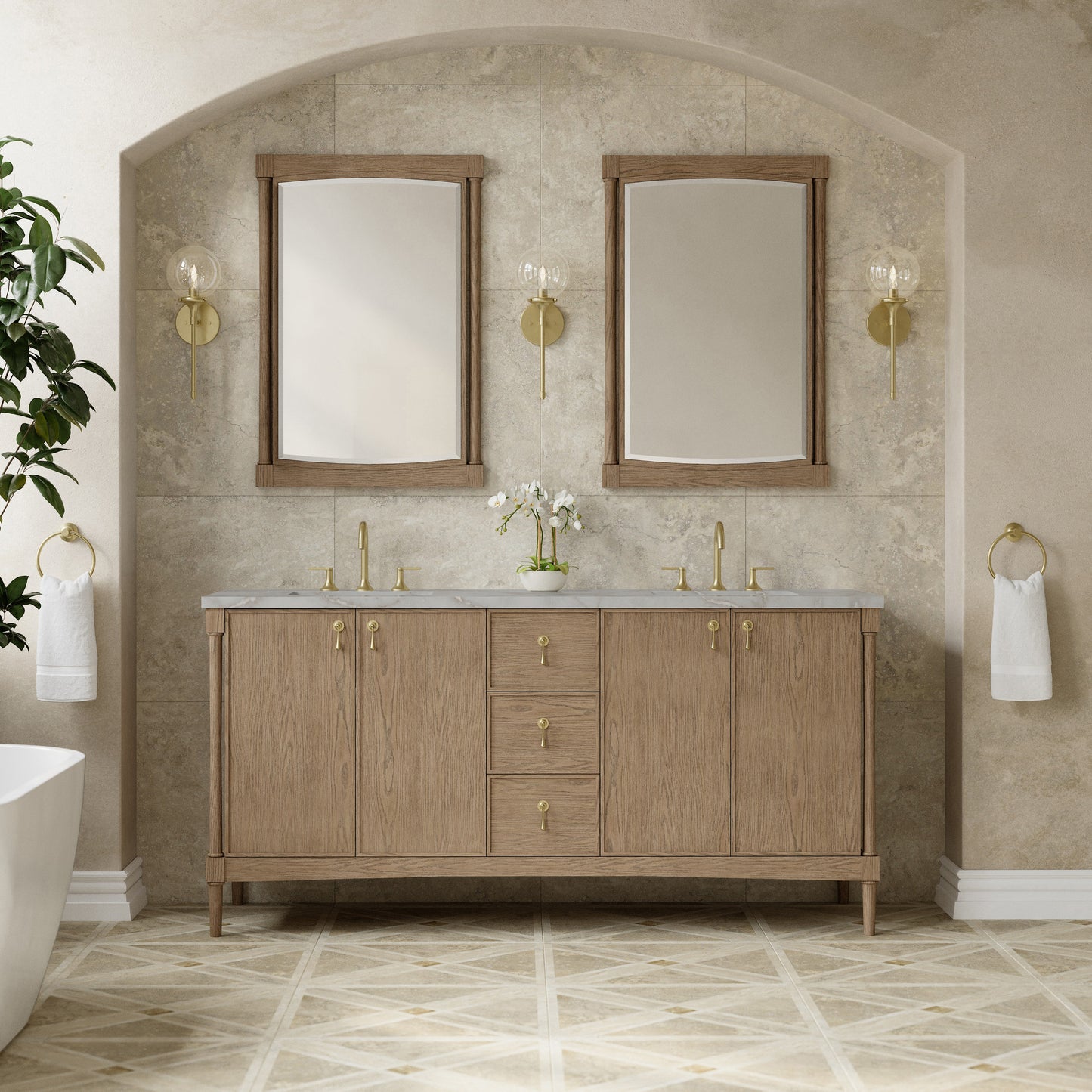 Renovate for Less Atlanta Kinnsden 72" Double Vanity, Weathered Oak w/ 3 CM Victorian Silver Silestone Top