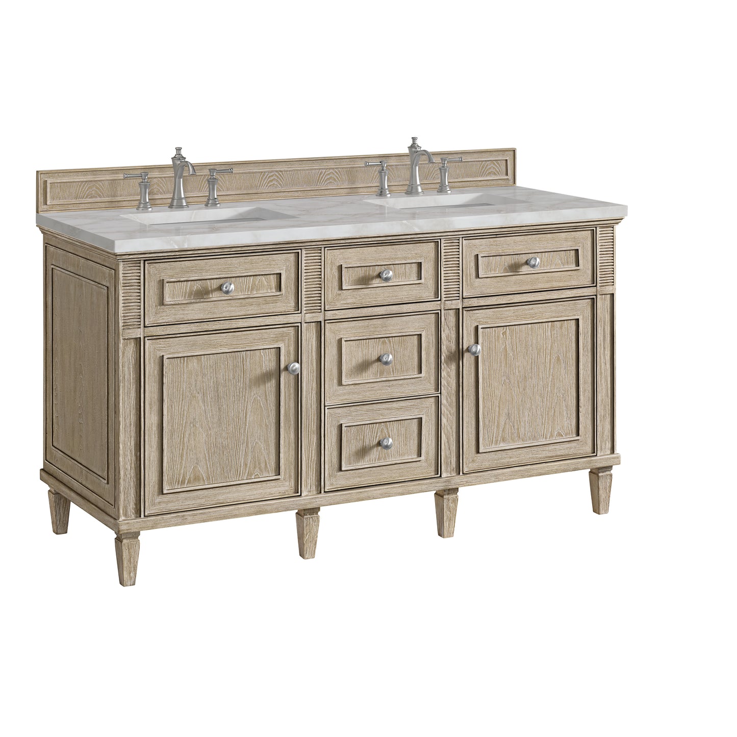 Renovate for Less Atlanta Lorelai 60" Double Vanity, Whitewashed Oak w/ 3 CM Victorian Silver Silestone Top w/FreePower Wireless Charger