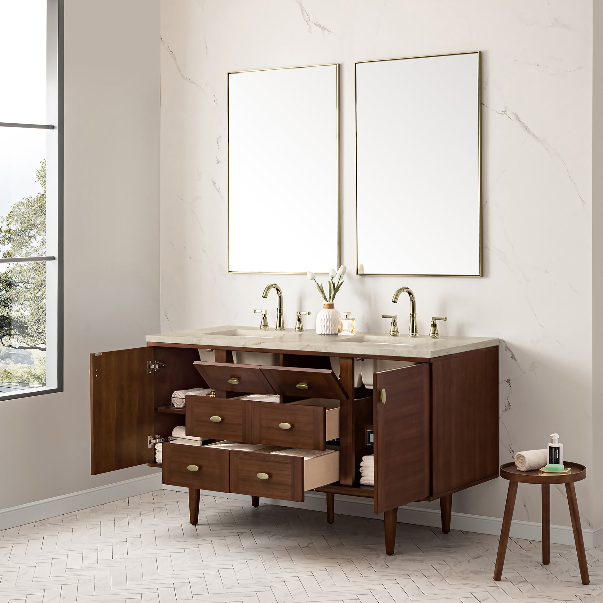 Renovate for Less Atlanta Amberly 60" Double Vanity, Mid-Century Walnut, w/ 3 CM Tajnar Eclos Top w/FreePower Wireless Charger