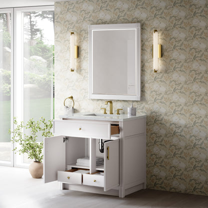 Renovate for Less Atlanta Bellshire 36" Single Vanity, Bright White w/ 3 CM Ethereal Noctis Silestone Top