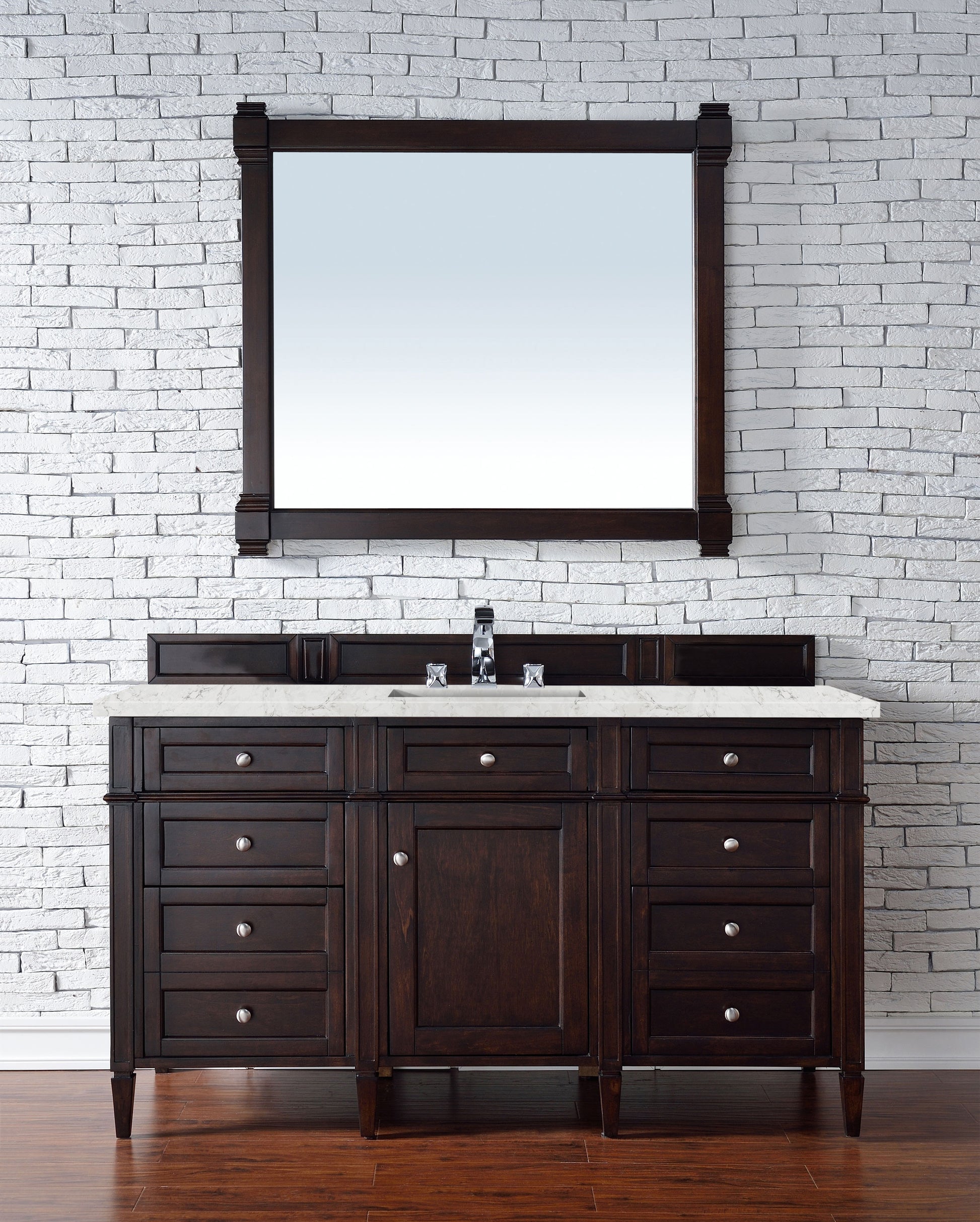 Renovate for Less Atlanta Brittany 60" Single Vanity, Burnished Mahogany w/ 3 CM Eternal Jasmine Pearl Silestone Top w/FreePower Wireless Charger