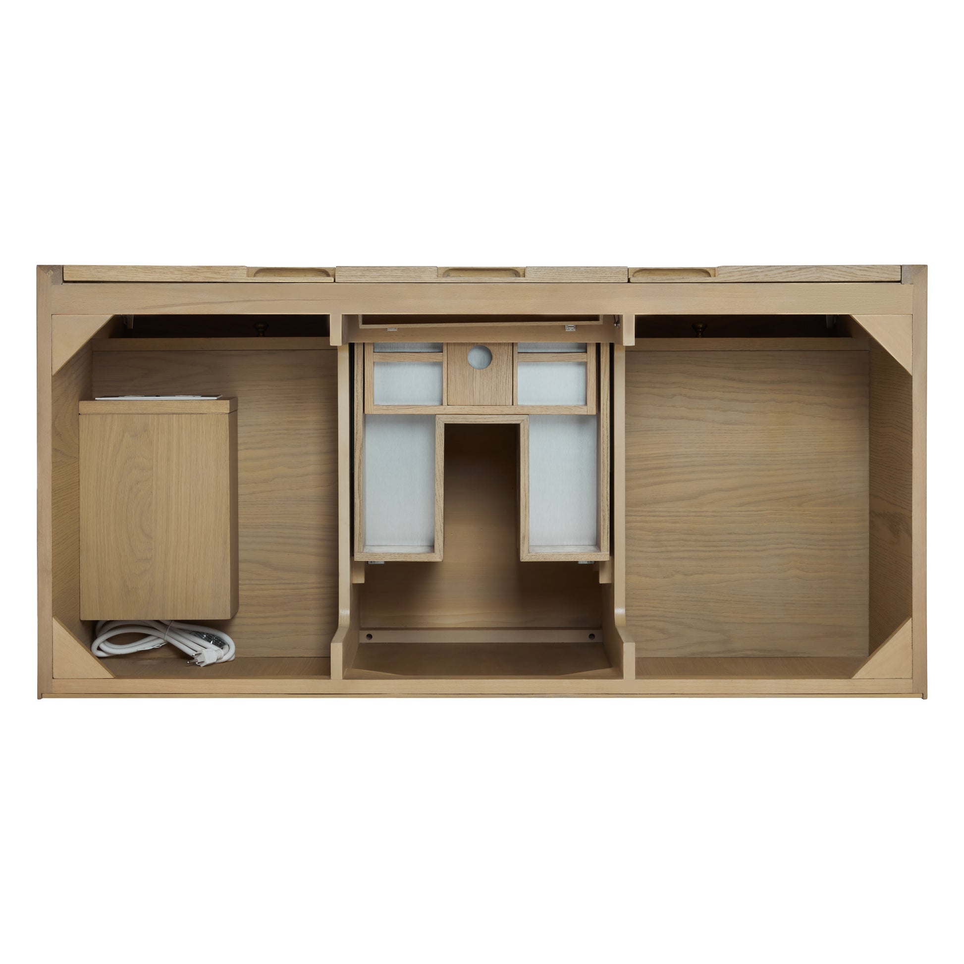 Renovate for Less Atlanta Solene 48" Single Vanity, Seaside Oak, w/ 3 CM Parisien Bleu Silestone Top w/ FreePower Wireless Charger