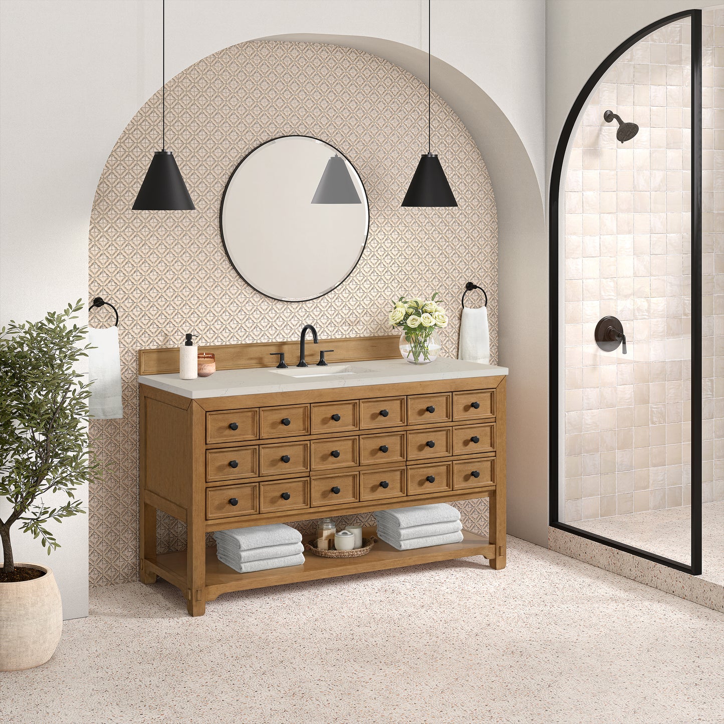 Renovate for Less Atlanta Malibu 60" Single Vanity, Amber Birch, w/ 3 CM Siberian Silestone Top